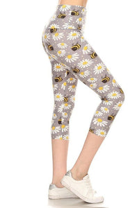 Floral And Bee Printed Knit Capri Legging With High Waist.