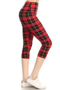 Plaid & Checkered Printed Knit Capri Legging With High Waist