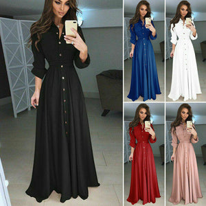 High Waist Solid Long Sleeve Boho Maxi Summer Dress