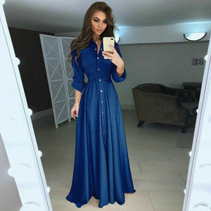 High Waist Solid Long Sleeve Boho Maxi Summer Dress