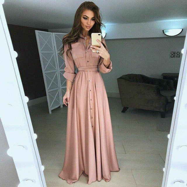 High Waist Solid Long Sleeve Boho Maxi Summer Dress