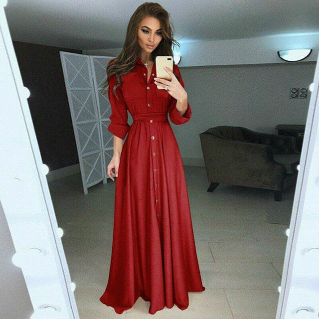 High Waist Solid Long Sleeve Boho Maxi Summer Dress