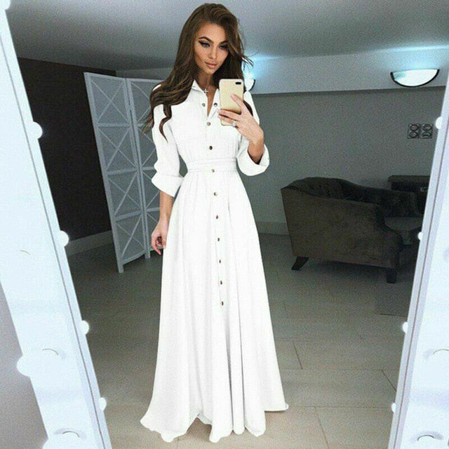 High Waist Solid Long Sleeve Boho Maxi Summer Dress