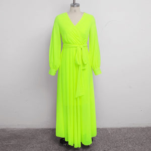 Elegant Sexy V-Neck Long Sleeve  Chiffon Maxi Dress With Sashes