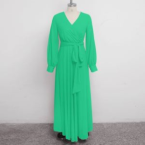 Elegant Sexy V-Neck Long Sleeve  Chiffon Maxi Dress With Sashes