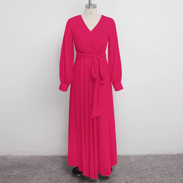 Elegant Sexy V-Neck Long Sleeve  Chiffon Maxi Dress With Sashes