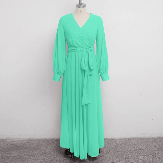 Elegant Sexy V-Neck Long Sleeve  Chiffon Maxi Dress With Sashes