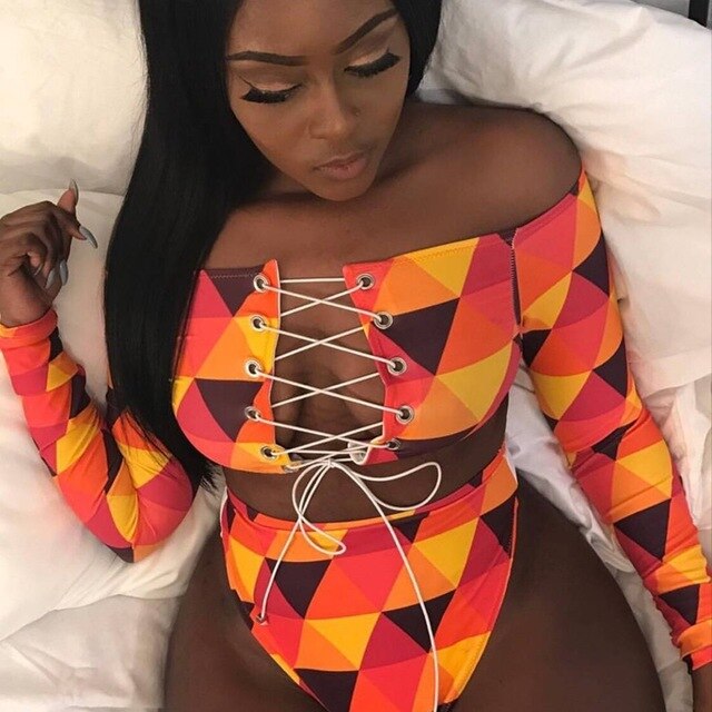 High Waist Print Bandage with Mesh Cross Bikini Set