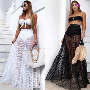 Retro Maxi See Through Polka Dot Pleated Cover Up