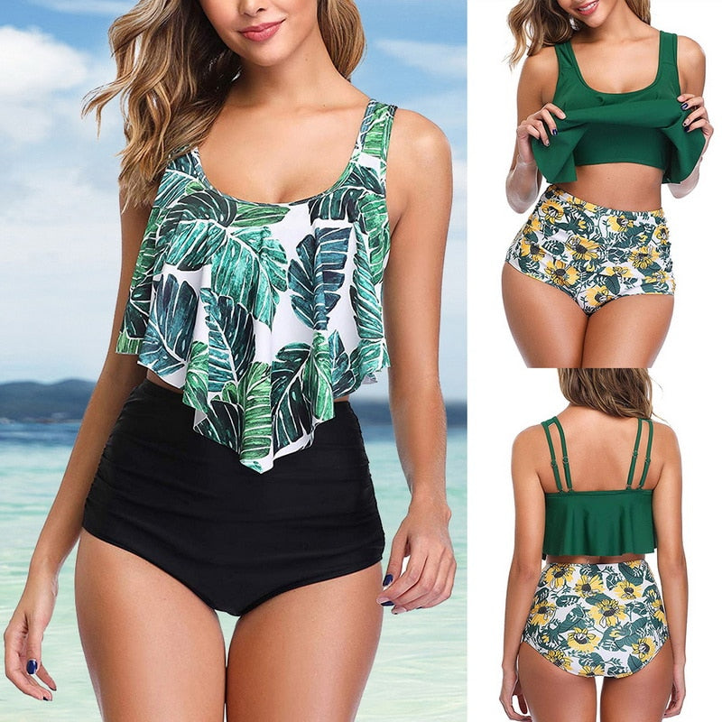 Sexy Retro Ruffle Bikini Set Floral Print Tankini Push Up Swimsuit