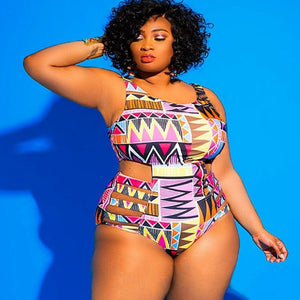 Plus Size  Cut Out   One Piece Swimsuit African Print  Swimsuit