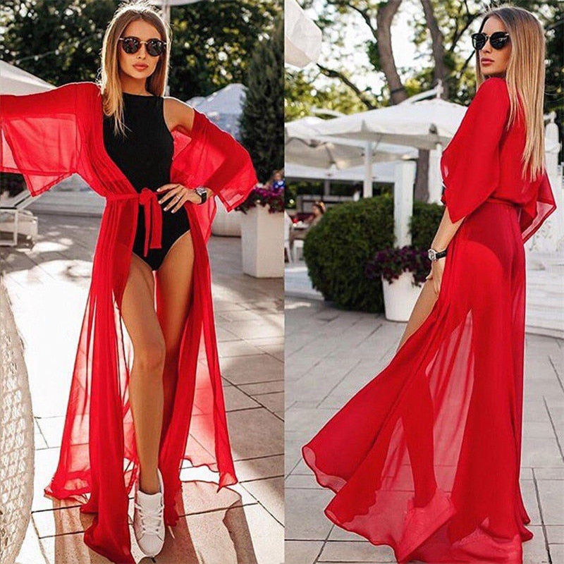 Red Chiffon Tunic Kaftan  Cover Up