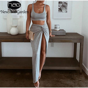 Sexy  2 Piece  Crop Top Twist Side Split Long Skirts