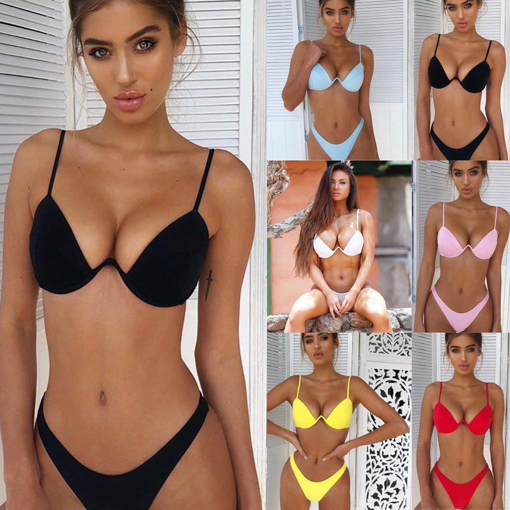 Ladies Solid  Bandage Push-up Triangle  Bathing Suits