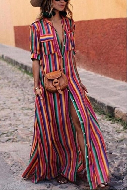 Loose Long Maxi Striped Print Button Down Shirt Dress Plus Size