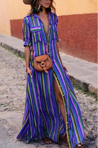 Loose Long Maxi Striped Print Button Down Shirt Dress Plus Size