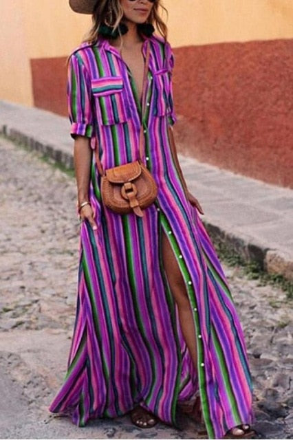 Loose Long Maxi Striped Print Button Down Shirt Dress Plus Size