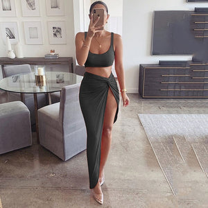 Sexy  2 Piece  Crop Top Twist Side Split Long Skirts