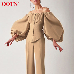 OOTN Sexy Slim Off Shoulder Women Shirt Blouses Lantern Sleeve Tunic Top