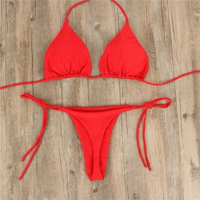 Solid Micro  Tie Side G-String Thong Swimsuit ]