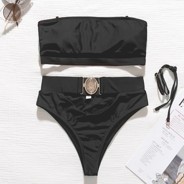 Hollow out White  High waist Metal Buckle belt swimsuit