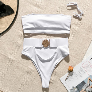 Hollow out White  High waist Metal Buckle belt swimsuit