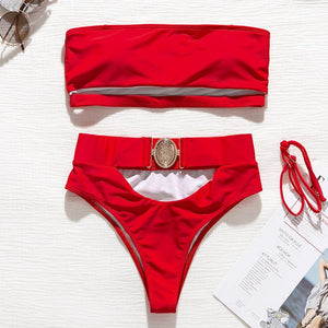 Hollow out White  High waist Metal Buckle belt swimsuit