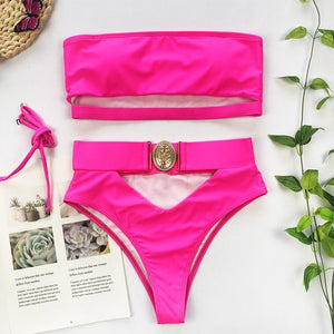 Hollow out White  High waist Metal Buckle belt swimsuit