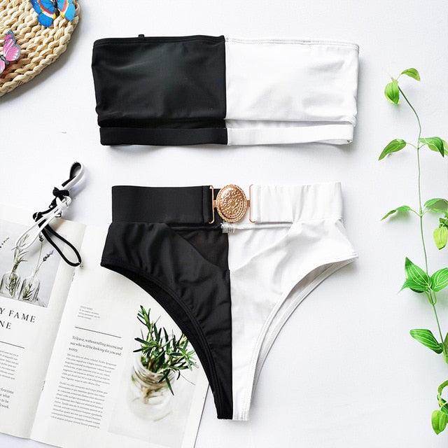 Hollow out White  High waist Metal Buckle belt swimsuit