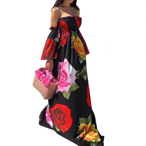 Off Shoulder Backless Flare Sleeve Floral Print Maxi Dress