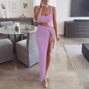 Sexy  2 Piece  Crop Top Twist Side Split Long Skirts