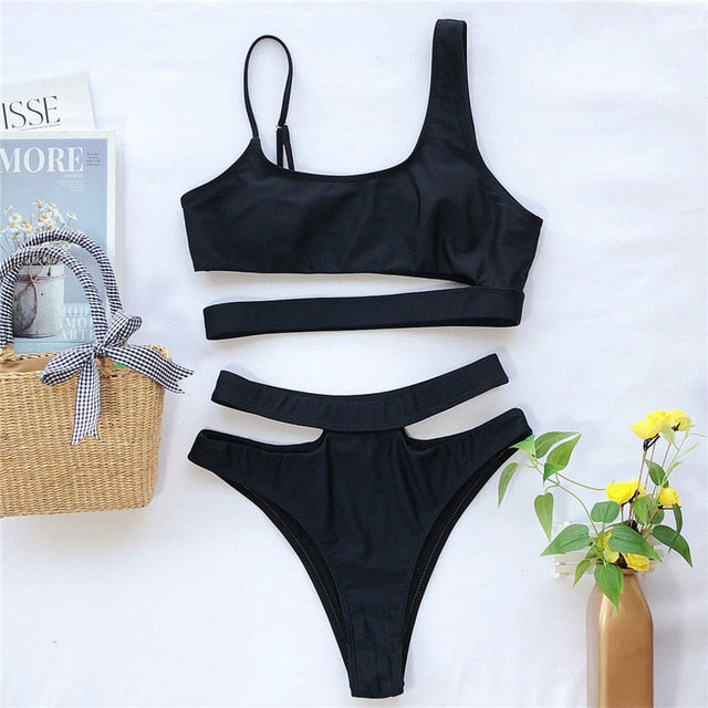 Hollow out White  High waist Metal Buckle belt swimsuit