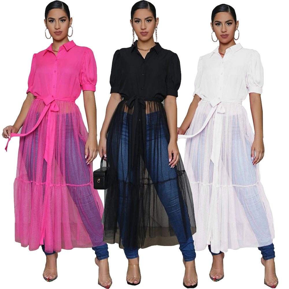 Sheer Turn Down Collar Short Puff Sleeve Shirt Blouse Tie Long Dress New Fashion