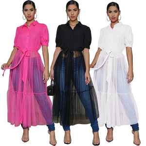 Sheer Turn Down Collar Short Puff Sleeve Shirt Blouse Tie Long Dress New Fashion