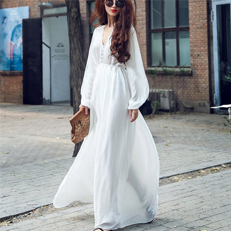 Floor-Length Maxi Chiffon White  Long Sleeve Beach Dress