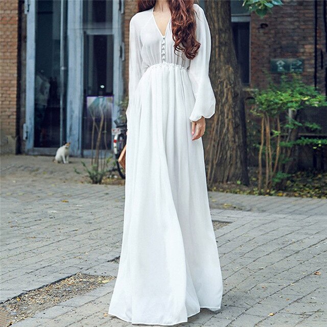 Floor-Length Maxi Chiffon White  Long Sleeve Beach Dress