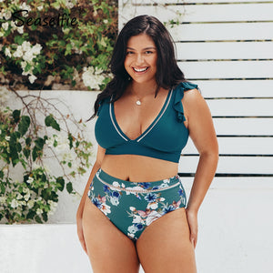 Plus Size Teal Floral Ruffled Two Piece High Waist Tank Bikini Set