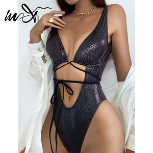 In-X Bandage snakeskin  Hollow out one piece swimsuit