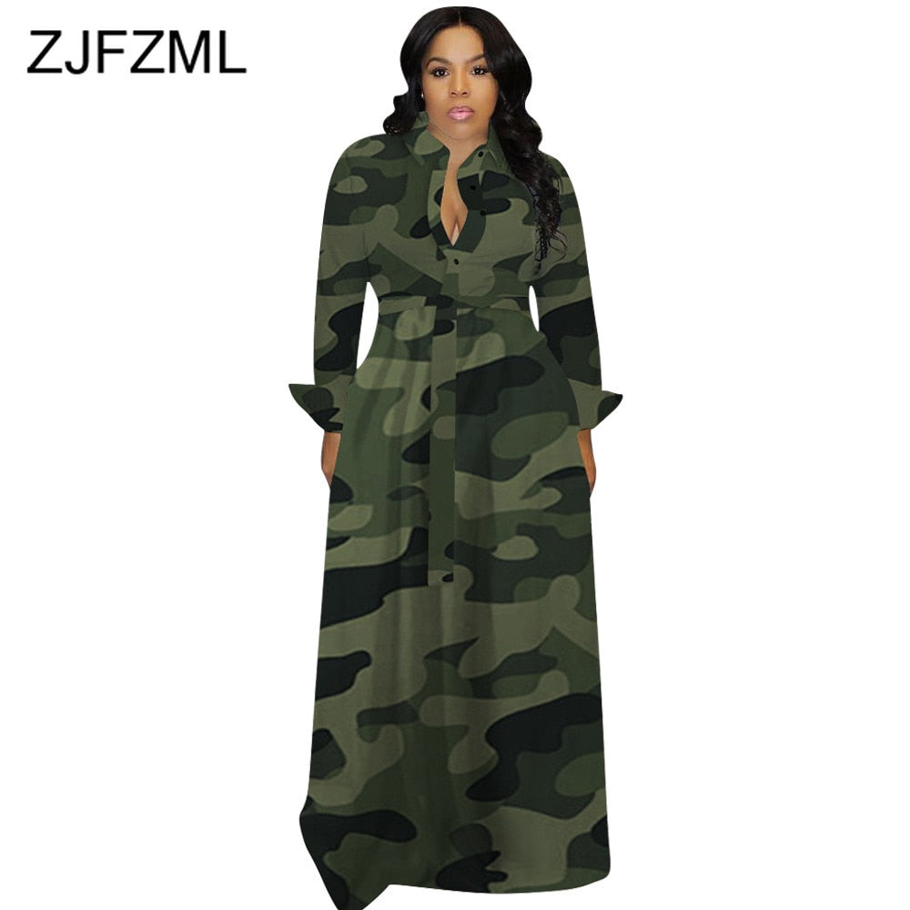 Camouflage Long Sleeve  Maxi Button Down Shirt Dress