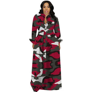 Camouflage Long Sleeve  Maxi Button Down Shirt Dress