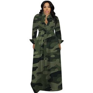 Camouflage Long Sleeve  Maxi Button Down Shirt Dress