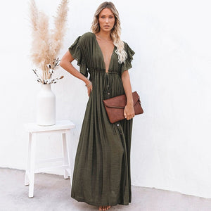 Sexy Deep V Neck Backless Maxi Dress