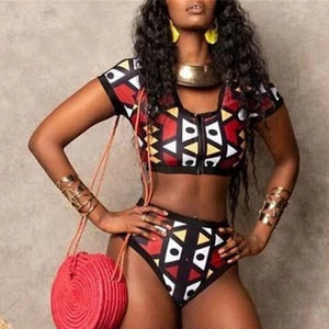 2 Piece High Waist African Print  Zipper Front High Waisted  Swim Suit