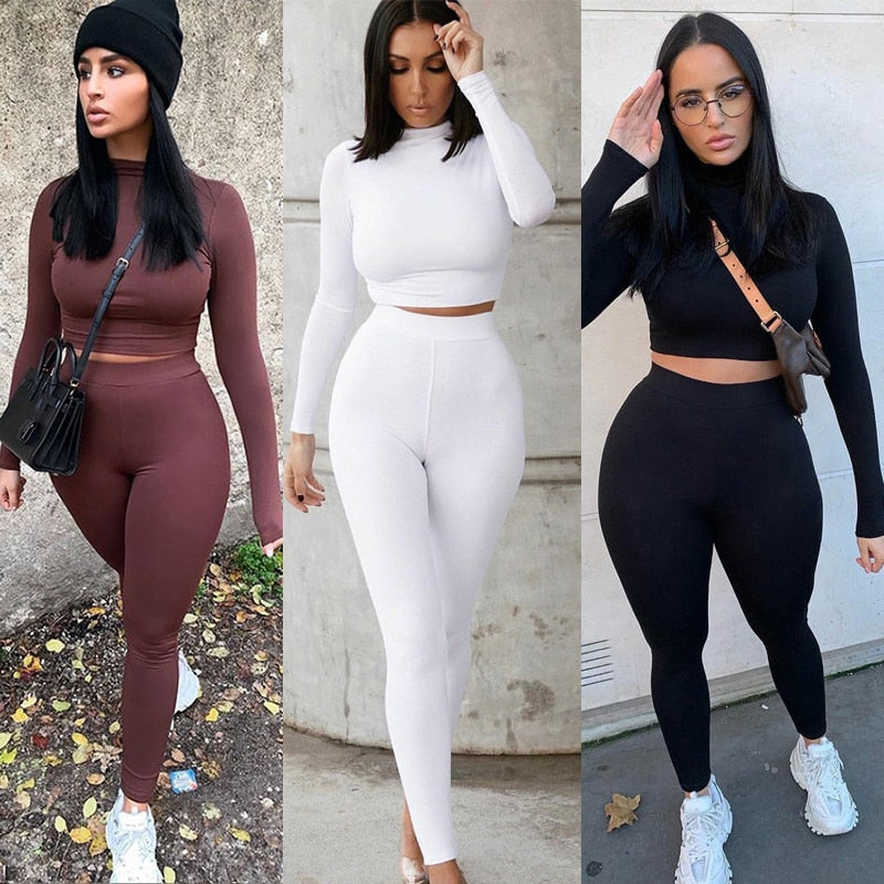 Two Piece  Solid  High Waist Stretchy Crop Top And Leggings