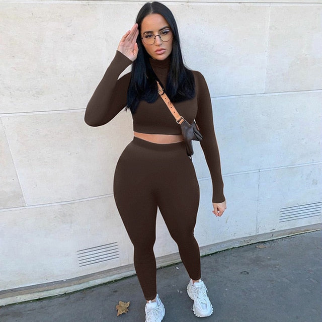 Two Piece  Solid  High Waist Stretchy Crop Top And Leggings