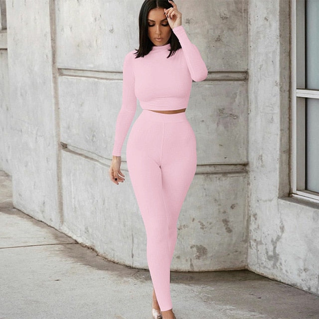 Two Piece  Solid  High Waist Stretchy Crop Top And Leggings