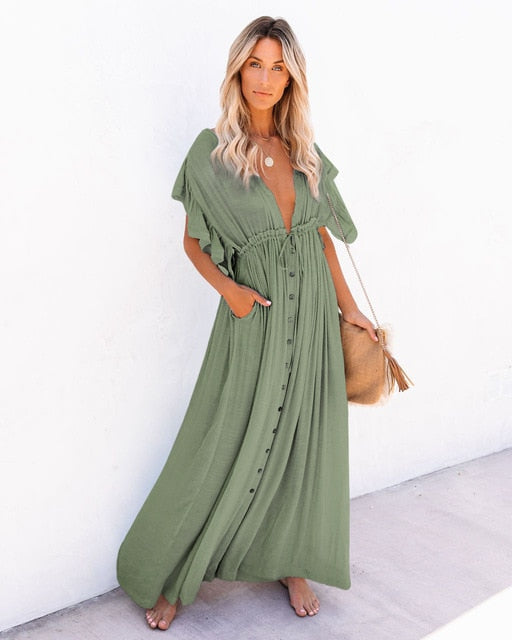 Sexy Deep V Neck Backless Maxi Dress