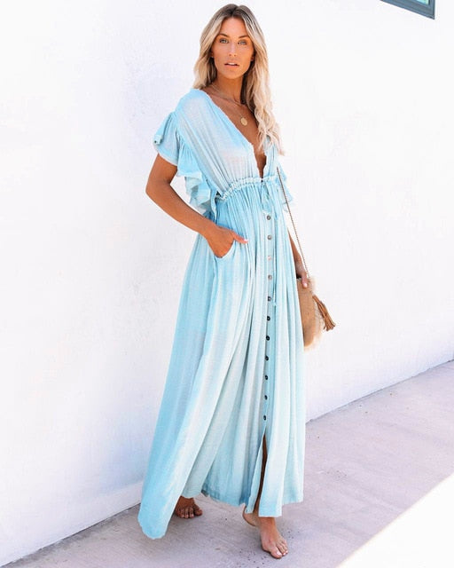 Sexy Deep V Neck Backless Maxi Dress