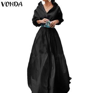 Elegant  Long Lapel Neck w/ Long Sleeve Maxi Shirt  Dress Casual Plus Size