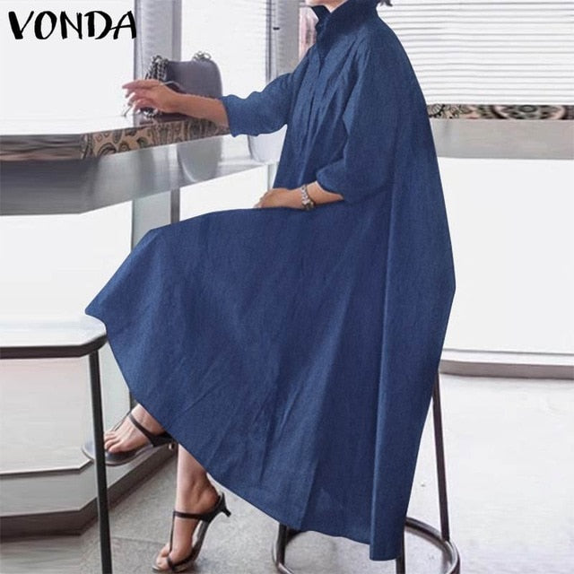 Elegant  Long Lapel Neck w/ Long Sleeve Maxi Shirt  Dress Casual Plus Size